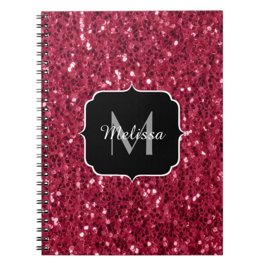 Donkerroze magenta faux sparkles Monogram Notitieboek (Voorkant)
