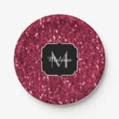 Donkerroze magenta faux sparkles Monogram Papieren Bordje (Voorkant)