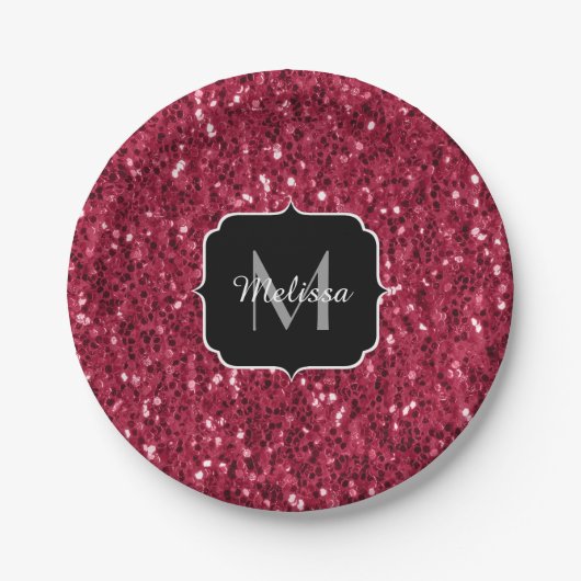Donkerroze magenta faux sparkles Monogram Papieren Bordje (Voorkant)