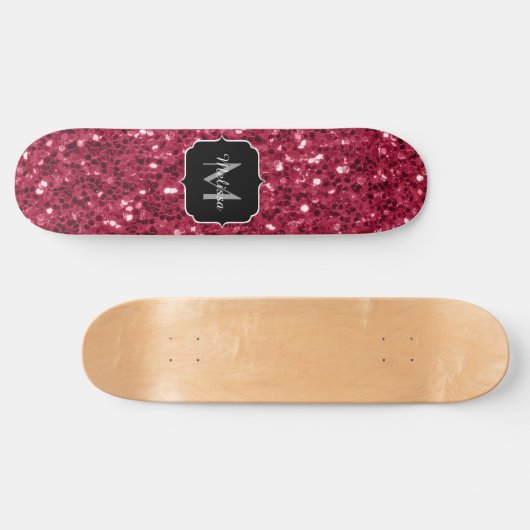 Donkerroze magenta faux sparkles Monogram Persoonlijk Skateboard (Horizontaal)