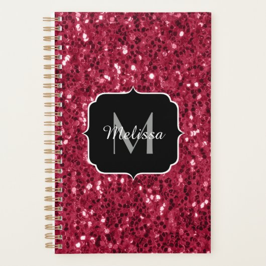 Donkerroze magenta faux sparkles Monogram Planner (Voorkant)