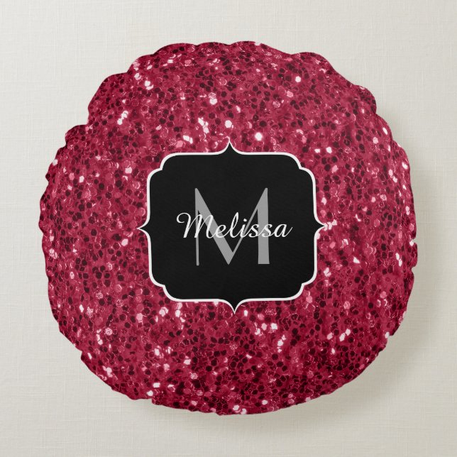 Donkerroze magenta faux sparkles Monogram Rond Kussen (Voorkant)