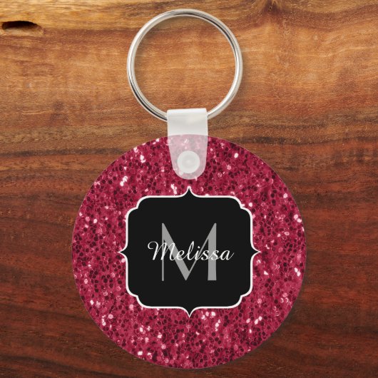 Donkerroze magenta faux sparkles Monogram Sleutelhanger (Achterkant)