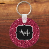 Donkerroze magenta faux sparkles Monogram Sleutelhanger (Voorkant)