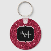 Donkerroze magenta faux sparkles Monogram Sleutelhanger (Achterkant)