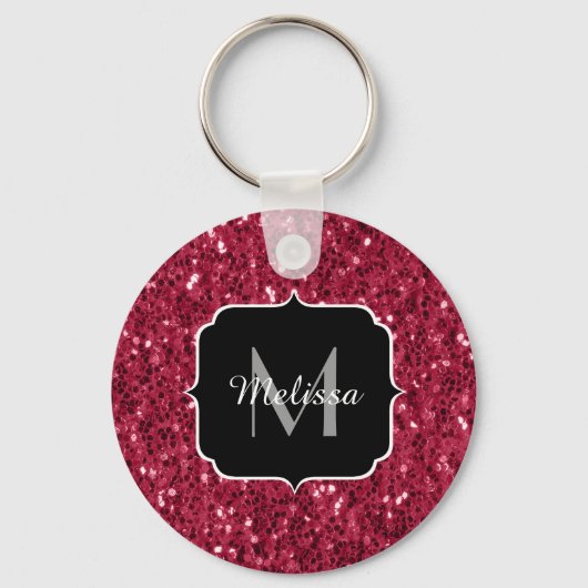 Donkerroze magenta faux sparkles Monogram Sleutelhanger (Achterkant)