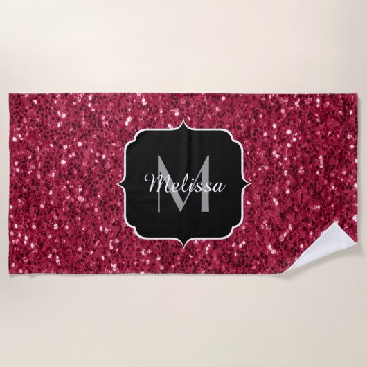 Donkerroze magenta faux sparkles Monogram Strandlaken (Voorkant)