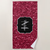 Donkerroze magenta faux sparkles Monogram Strandlaken (Voorkant)