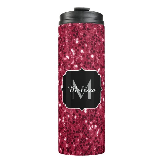 Donkerroze magenta faux sparkles Monogram Thermosbeker (Voorkant)