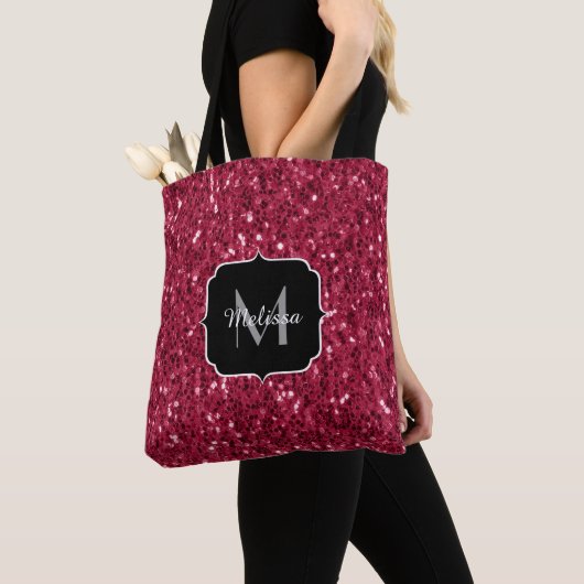 Donkerroze magenta faux sparkles Monogram Tote Bag (Dichtbij)