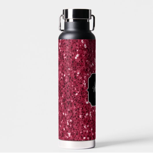 Donkerroze magenta faux sparkles Monogram Waterfles (Voorkant)
