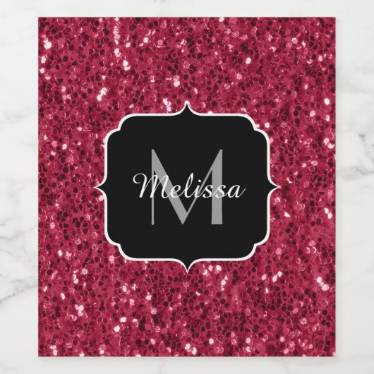 Donkerroze magenta faux sparkles Monogram Wijn Etiket (Enkel label)