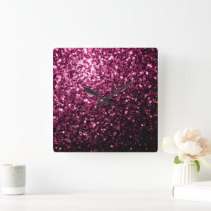 Donkerroze namaak glanzende glitter vonken vierkante klok