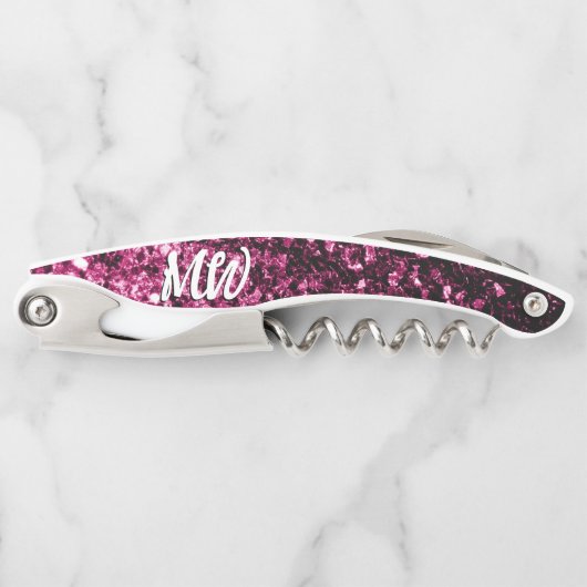 Donkerroze namaak glitterspikkels Monogram Kurkentrekker (Voorkant)