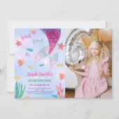 Donkerroze op de Mermaid Birthday Invitation Kaart (Voorkant)