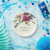 Donkerroze Paarse Floral Waterverf bruiloft Papieren Bordje (Feest)