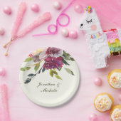 Donkerroze Paarse Floral Waterverf bruiloft Papieren Bordje (Feest)