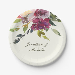 Donkerroze Paarse Floral Waterverf bruiloft Papieren Bordje