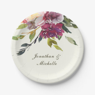 Donkerroze Paarse Floral Waterverf bruiloft Papieren Bordje