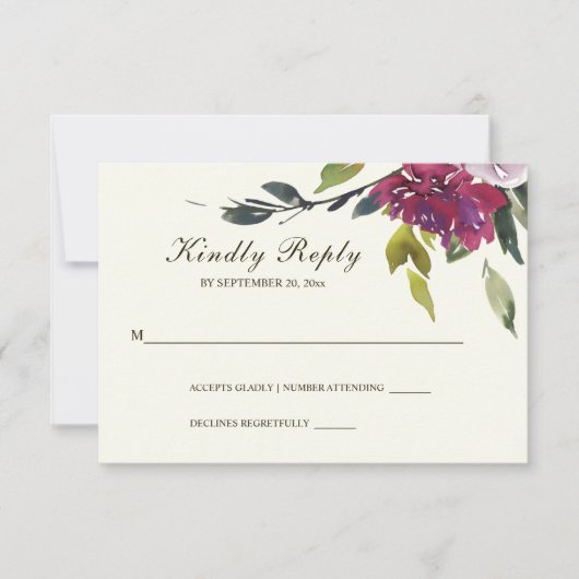 Donkerroze Paarse Floral Waterverf bruiloft RSVP Kaartje (Voorkant)