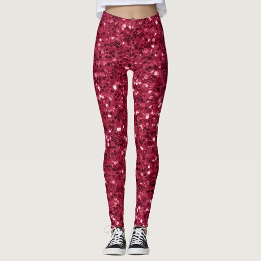Donkerroze rood magenta faux fonkelt glitters leggings (Voorkant)