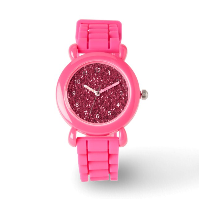 Donkerroze rood magenta faux sparkles met cijfers horloge (Voorkant)