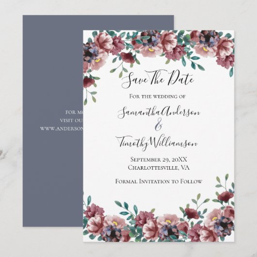 Donkerroze Roos Blauw groene eucalyptus Floral Save The Date (Voorkant / Achterkant)