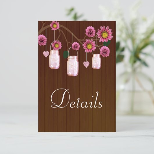 Donkerroze roze draal maden bruiloft details informatiekaartje (Staand voorkant)