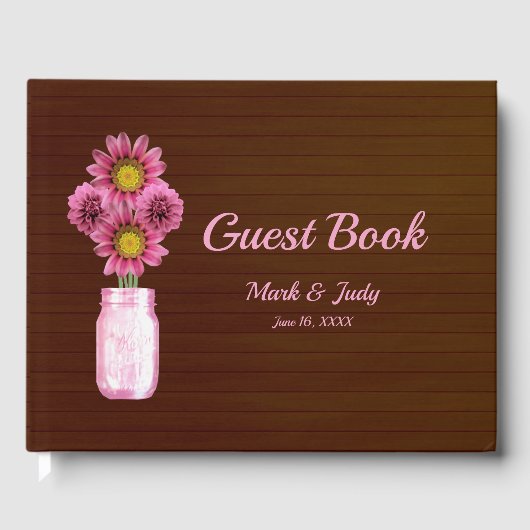 Donkerroze roze Floral Mason Jar Wedding Gastenboek (Voorkant)