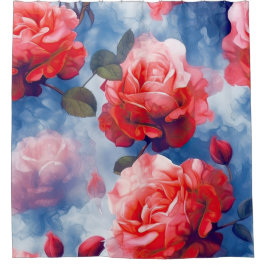 Donkerroze rozen in zachtblauw getinte wolkenkunst douchegordijn