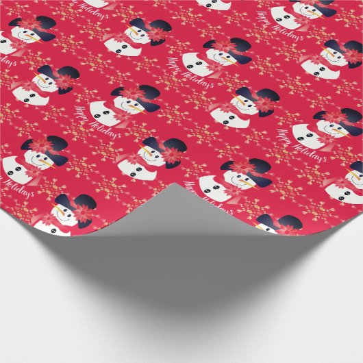 Donkerroze sneeuwpop cadeaupapier (Hoek)