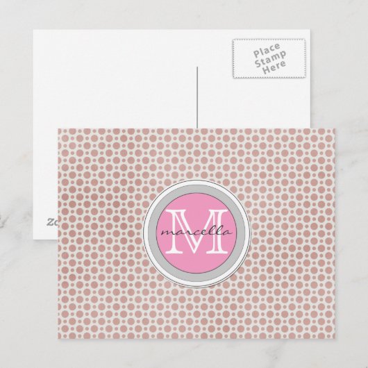 donkerroze stippen lichtroze monogram briefkaart (Voorkant / Achterkant)