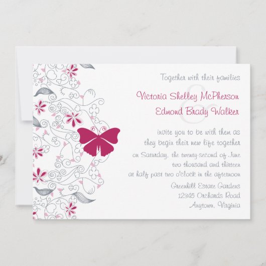 Donkerroze vlinder grillige bruiloft uitnodiging (Voorkant)