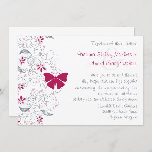 Donkerroze vlinder grillige bruiloft uitnodiging (Voorkant / Achterkant)