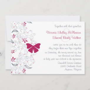 Donkerroze vlinder grillige bruiloft uitnodiging