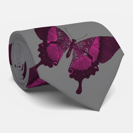 Donkerroze vlinder met grijze achtergrond stropdas (Opgerold)