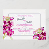 Donkerroze waterverf bruiloft goud lijst folie uitnodiging (Voorkant)