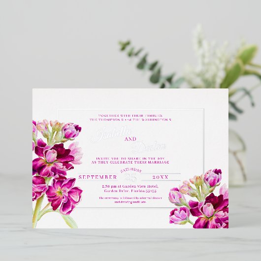 Donkerroze waterverf bruiloft goud lijst folie uitnodiging (Staand Voorkant)
