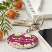 Donkerroze Waterverf Floral Bridesmaid Name Sleutelhanger (Zijkant)