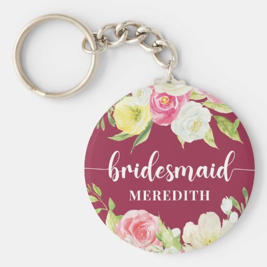 Donkerroze Waterverf Floral Bridesmaid Name Sleutelhanger (Voorkant)