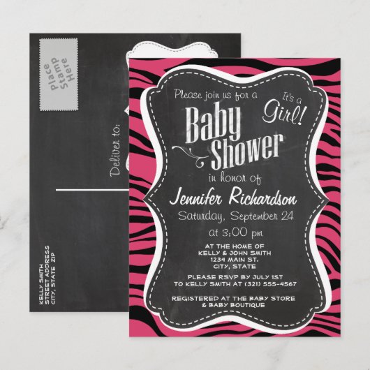 Donkerroze zebrastrepen; krijtbordlook uitnodiging briefkaart (Voorkant / Achterkant)