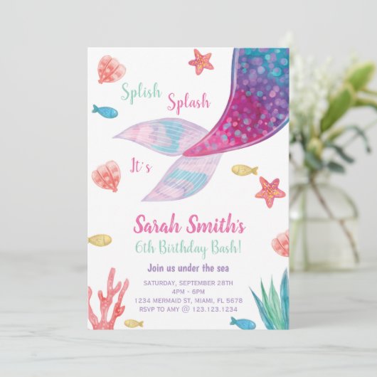  donkerroze zeemeermin staart verjaardag kaart (Staand voorkant)