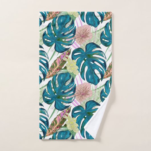 Donkerturquoise monstera, fijne perzik en geel bad handdoek (Handdoek)