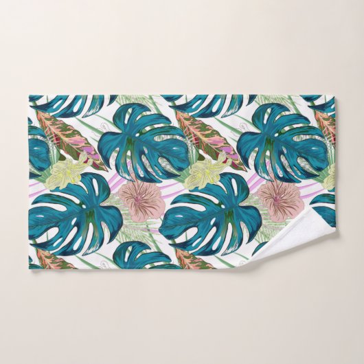 Donkerturquoise monstera, fijne perzik en geel bad handdoek (Handdoek)