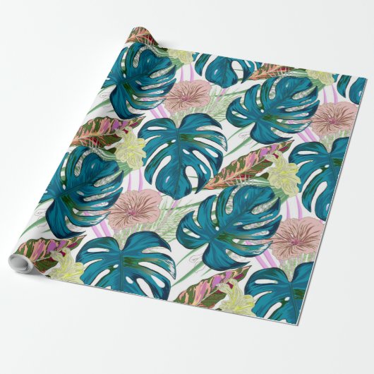Donkerturquoise monstera, fijne perzik en geel cadeaupapier (Uitgerold)