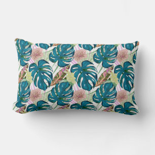 Donkerturquoise monstera, fijne perzik en geel kussen