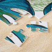 Donkerturquoise monstera, fijne perzik en geel legpuzzel (Zijkant)