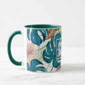 Donkerturquoise monstera, fijne perzik en geel mok (Links)
