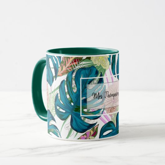 Donkerturquoise monstera, fijne perzik en geel mok (Voorkant links)