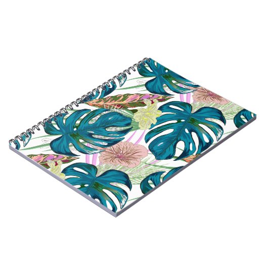 Donkerturquoise monstera, fijne perzik en geel notitieboek (Linkerzijde)